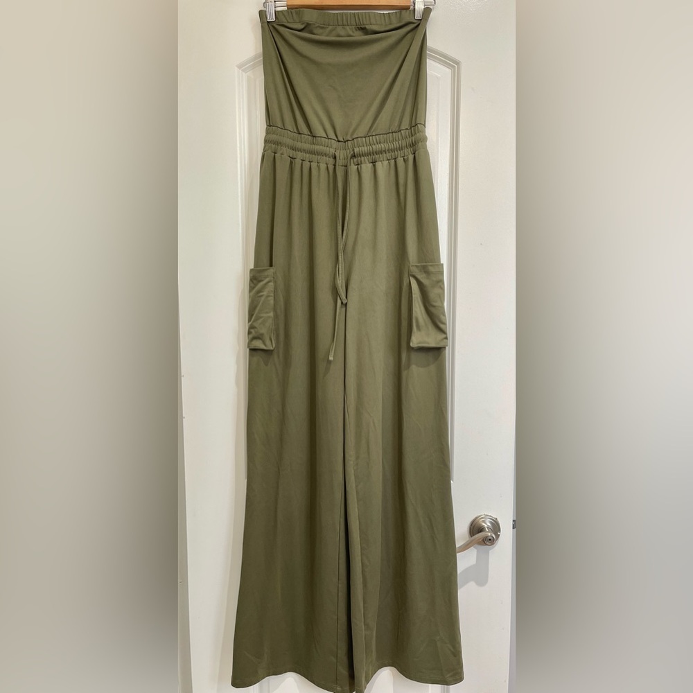 Fashion Nova | Strapless Cargo Jumpsuit | Olive | Size Small